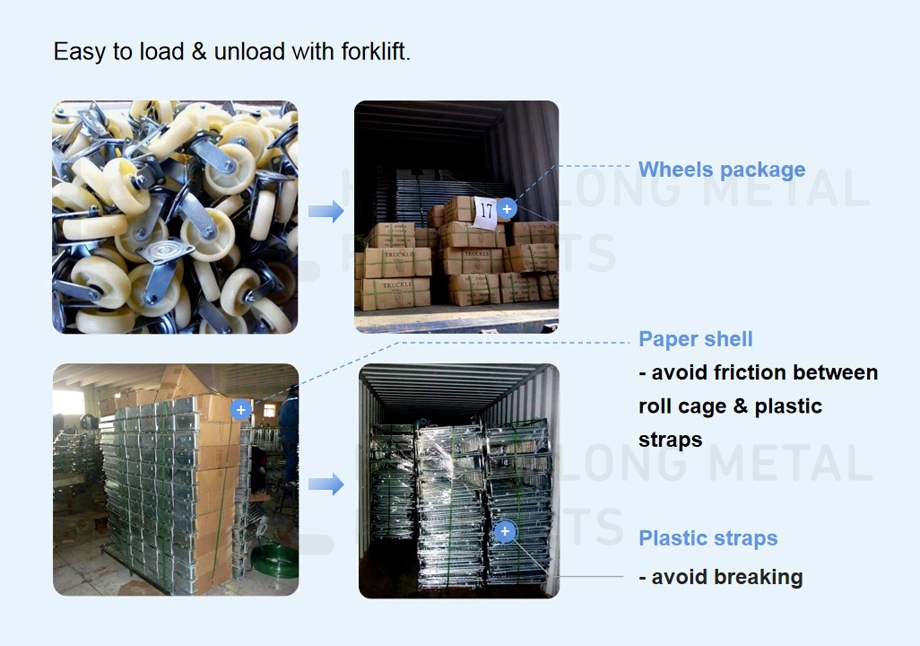 Customized Nestable Galvanized Wire Mesh Roll Container Industrial Laundry Carts